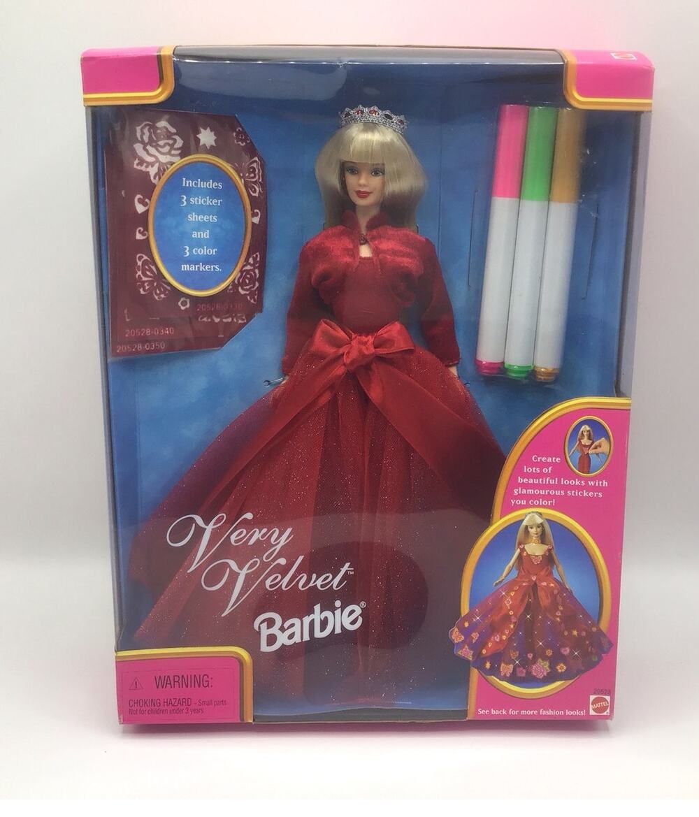 Vintage 1998 Very Velvet Barbie Doll Red Gown Markers Stickers NRFB Mattel 20528